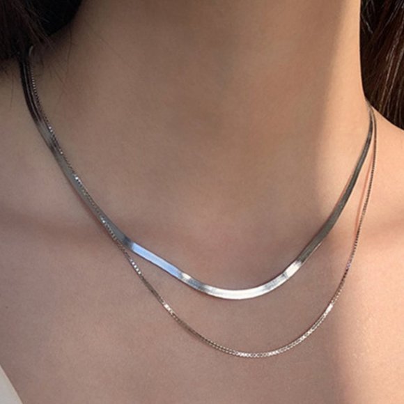 Jewelry - #NEW 925 Sterling Silver  Flat Herringbone Snake Chain Double Layer Necklace